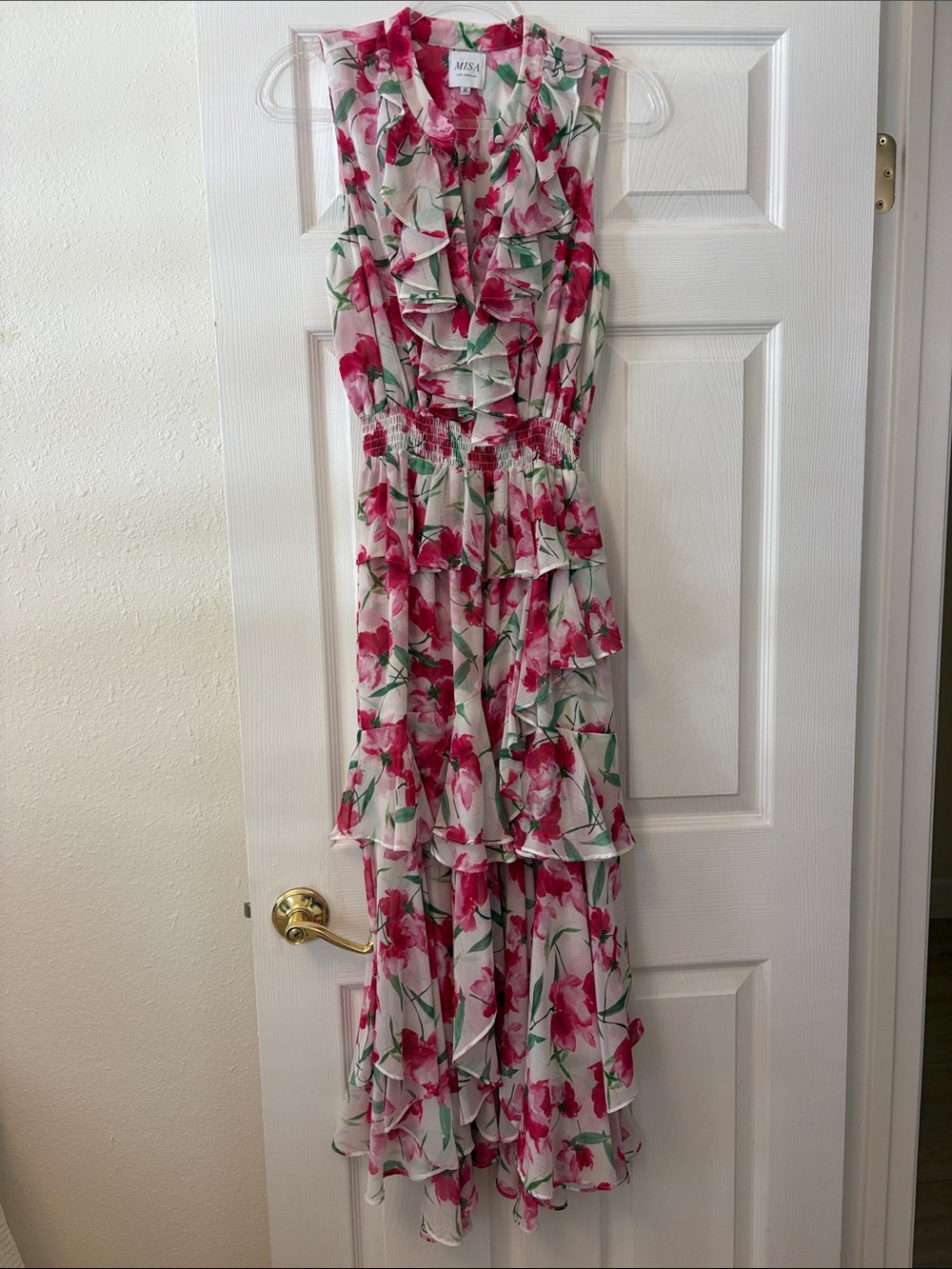 Misa Los Angeles White Maxi Dress with Pink Floral & Green Leaves